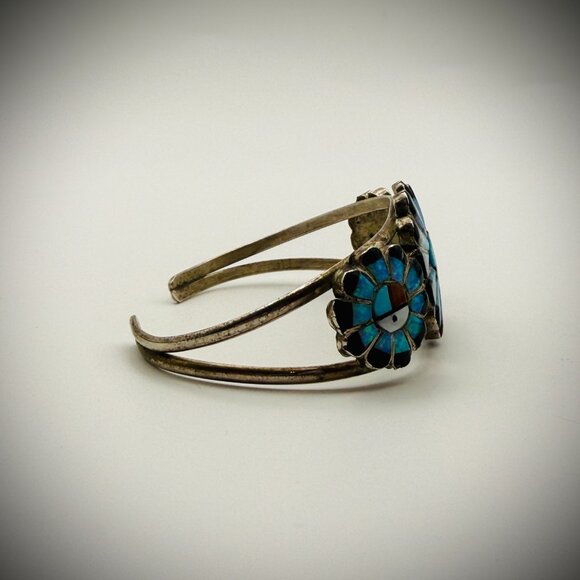 Vintage Zuni-Style Triple Sunface Cuff — Opal Inlay — Sz 6", 17g - Picture 3 of 3